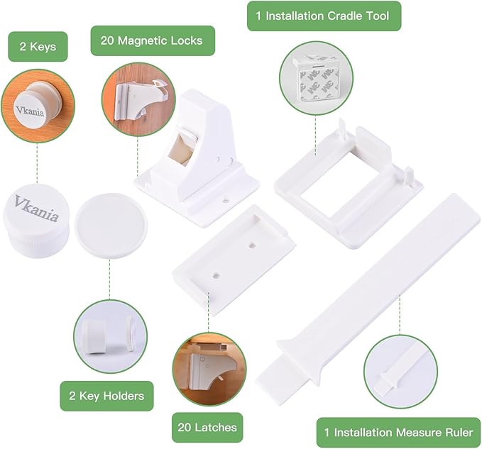 20 Pack Vkania Magnetic Cabinet Locks Child Safety with 2 Keys - Baby Proof Adhesive Latches for Kitchen Cabinets & Drawers, No Drilling Easy Installation (20 Locks + 2 Keys)