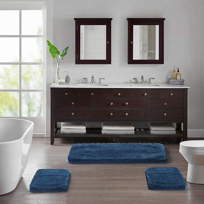 Suchtale Bathroom Rug Non Slip Bath Mat for Bathroom (16 x 24, Navy) Water Absorbent Soft Microfiber Shaggy Bathroom Mat Machine Washable Bath Rug for Bathroom Thick Plush Rugs for Shower
