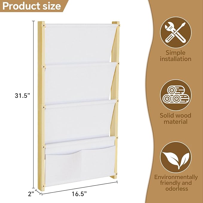 Wood 4-Tier Wall Mounted Kids Bookshelf – Floating Book Shelf For Kids Rooms,Nursery & Classroom, Hanging Bookcase Organizer For Books, Toddler Book Shelf, Montessori Bookshelf, Nursery Shelves