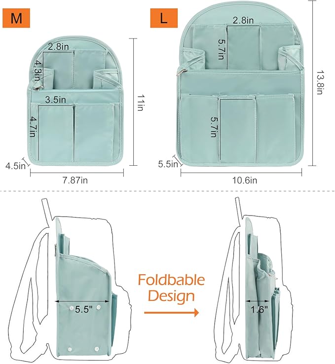 Surblue Backpack Organizer Insert Liner Hanging Travel Rucksack Purse and Handbag Insert Pocket, High-capacity Divider Foldable Nylon Shoulder Bag Organizer for Men and Women, (Skyblue, L)