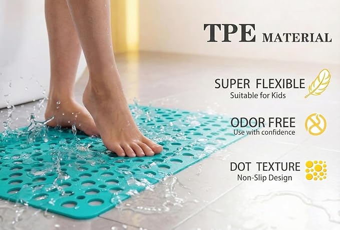 Nonslip Bathtub Mat Extra Soft TPE Bath Mat for Kids, Machine Washable Bathroom Shower Mat, Smooth/Non-Textured Tubs Only, 35L x 16W Inch (Dark Green)