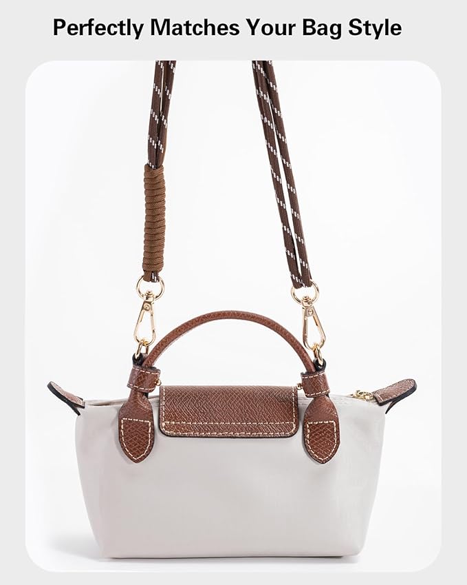 Handwoven Adjustable Shoulder Strap & Mini Bag Organizer Set for Longchamp Mini Bag, Includes Inner Liner & Strap, No-Punch Design – Brown & Beige