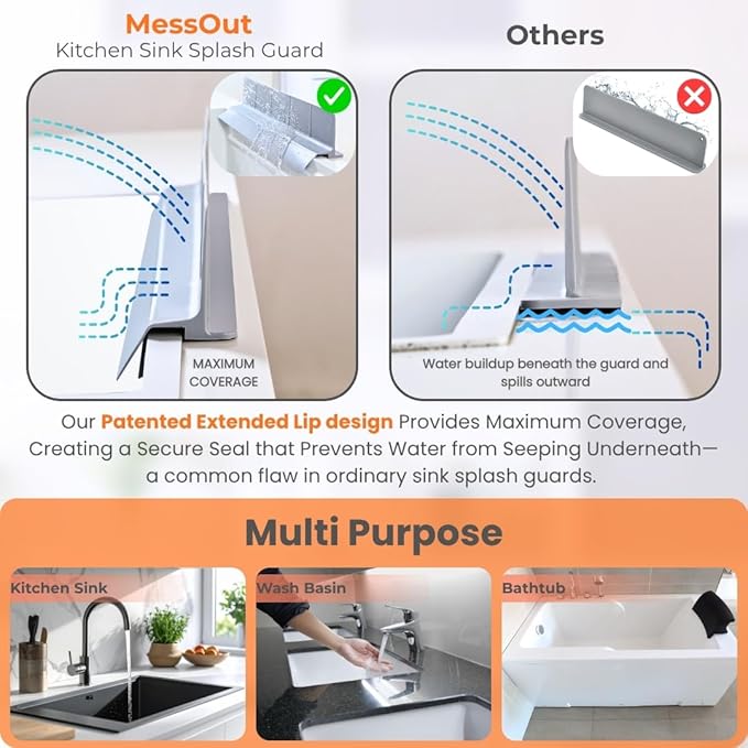 MessOut Extra Large Silicone Kitchen Sink Splash Guard 58x9x10cm– Non-Slip with Strong Suction, Non Crumble, non-harmful, Durable & Easy-to-Clean Protector for a Mess-Free Sink and Dishwashing (White)