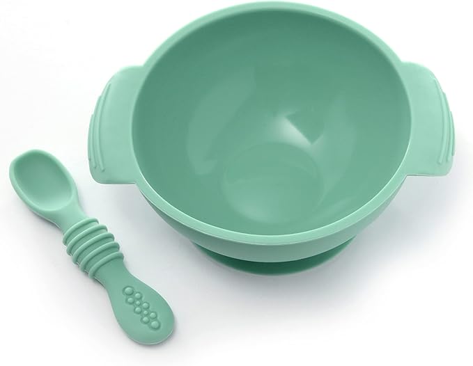 PrimaStella Unbreakable Silicone Non-Slip Bowl and Chew Spoon Set for Babies and Toddlers (Green)