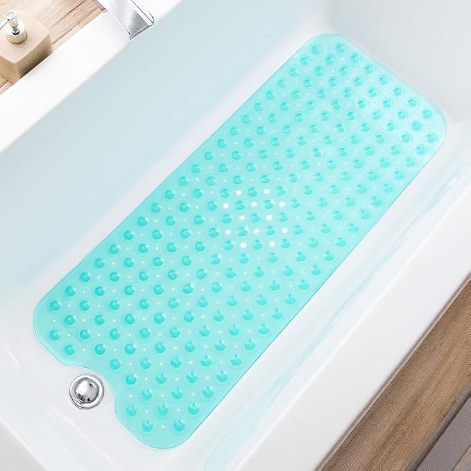 TEESHLY Bathtub Mats for Shower Tub, Extra Long Non-Slip 39 x 16 Inch Bath Mat with Drain Holes and Suction Cups, BathMat for Bathroom with Machine Washable (Clear Turquoise)
