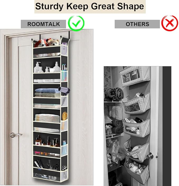 roomtalk Over The Door Hanging Organizer 6-Shelves and 12 Side Pockets, Over The Door Storage Organizer, Back of Door Organizers for Baby Accessories and Children's Toys (13"x5"x54", Black)