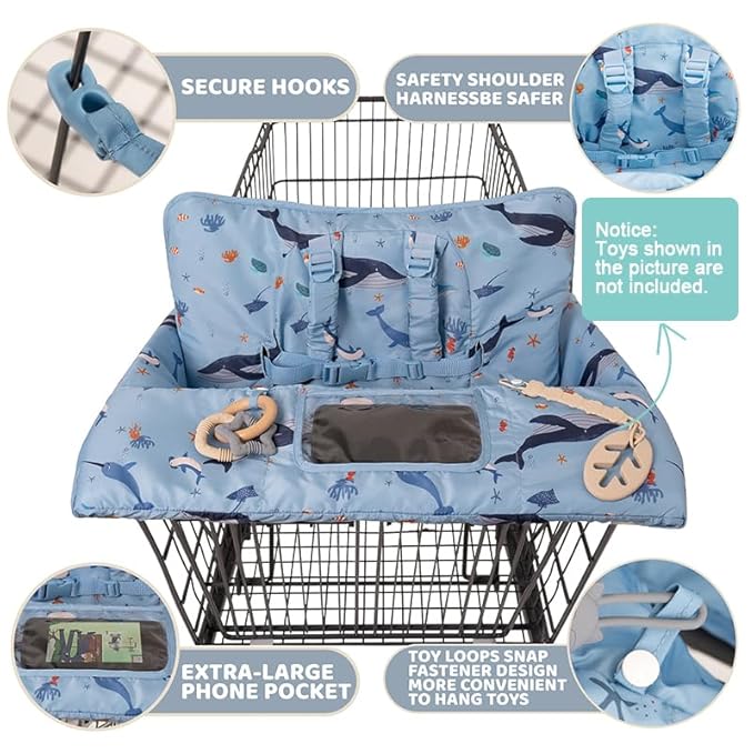 Shopping Cart Cover for Baby 2 in 1 High Chair Covers for Restaurant Comfortable Grocery Cart Seat Covers for Infant, Toddler Universal Suitable for Most Shopping Carts Machine Washable, SE Blue
