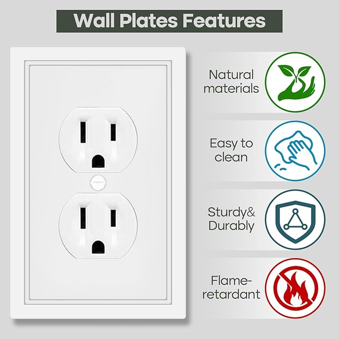 White Decorative Outlet Cover Wall Plates, Classic Switch Plates and Outlet Covers, Natural Bamboo Fiber Wall Plates for Electrical Outlets, Duplex Receptacle Cover - 4 Pack