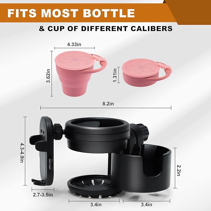 3-in-1 Stroller Cup Phone Holder Attachment Universal Cup Holder with Adjustable Phone Mount Double Cup Holder for Walker Wheelchair (Pink)