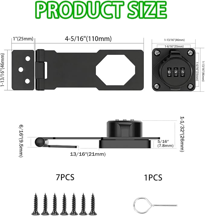 Keyless Combination Lock, Code Zinc Alloy Door Latch, 3-Digit Combination Lock, Twist Knob Hasp Latch Lock, Cabinet Locks with Combination, Easy DIY Installation (Black)