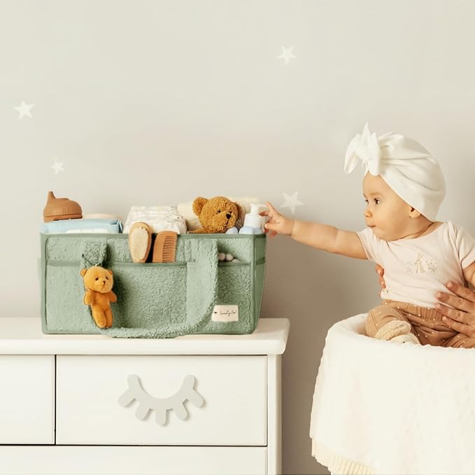 Sweety Fox Baby Diaper Caddy Organizer with Handle - Portable Sherpa Nursery Basket - Car Diaper Organizer, Cleaning Caddy, Gift for Baby Shower - Green