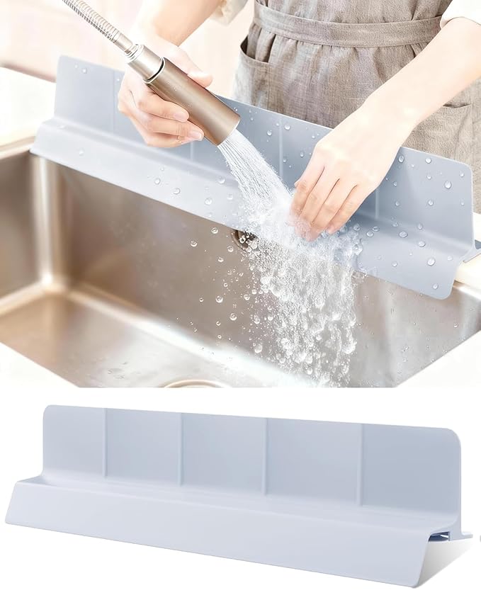 Kitchen Sink Splash Guard 18" Silicone Water Guard with Strong Suction Cups, Faucet & Countertop Protector, Bathroom & Sink Edge Splash Guard Strip, Easy Install, Dishwasher Safe-Grey