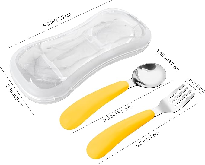 VANRA 2 Pieces Toddler Fork and Spoon Set with Travel Case 18/8 Stainless Steel Toddler Utensils Kids Silverware Children Flatware Child Cutlery Set for School Lunch Box (Yellow)