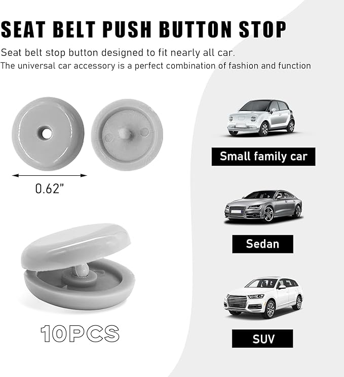 10 Sets Seat Belt Button Stop, Snap-On Plastic Seatbelt Stopper Clip Prevent Seat Belt Buckle from Sliding Down, No Welding Seat Belt Stop Kit, Universal Car Accessories (Gray)