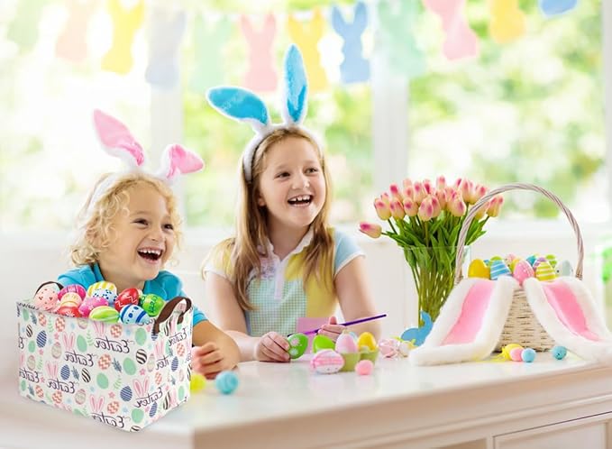 Sanjiaofen Rectangular Easter baskets , Kids Easter Basket Organizer.Cute Storage Basket with Handles.Boys and Girls,Easter Bunny Eggs Decor,Books,Easter Gifts . (Easter bunny eggs)