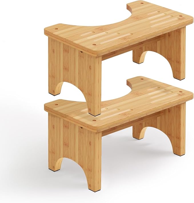 Natural Bamboo Toilet Stool Squat 9 Inch, Poop Stool for Squatting Adults, Non-Slip Stable Potty Stools, Portable Wooden Step Stools, Promotes Healthy Bathroom Habits, 2 Pack