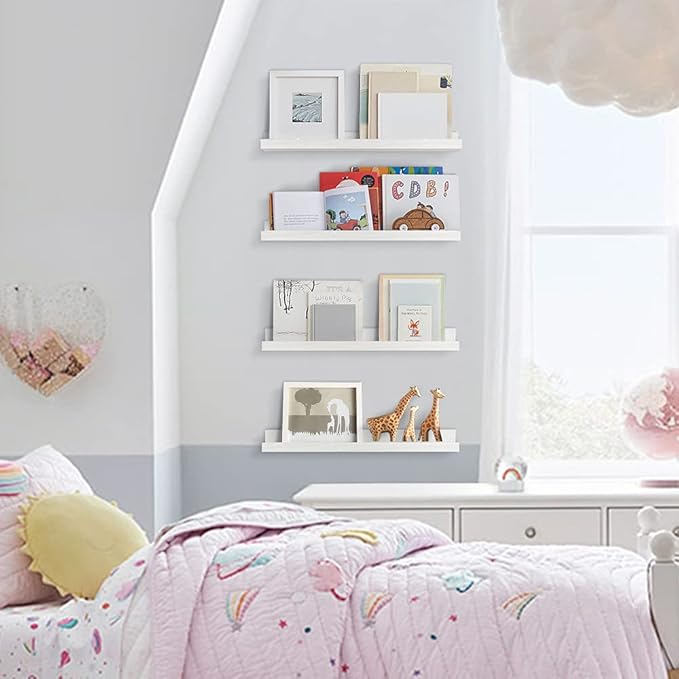 Forbena Floating Nursery Book Shelves for Wall, 24 Inches Long Wall Bookshelf for Kids Room, White Picture Ledge Shelf with Lip for Kid Toddler Child Childrens Bedroom Books (Solid Wood, Set of 4)