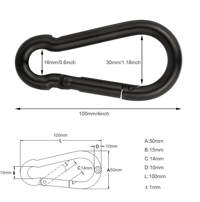 4 Inch Carabiner Clip Spring Snap Hook Black Heavy Duty Steel Clip Link Buckle 10x100mm 2pcs for Hammock Punching Bags Swing Chairs Gym Equipment Camping Hiking