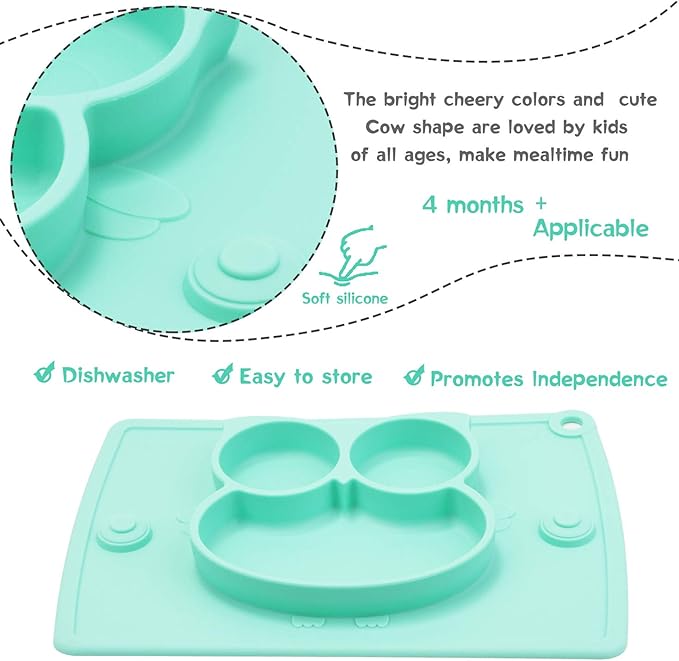 Silicone Divided Toddler Plates - Portable Non Slip Suction Plates Placemat for Children Babies and Kids BPA Free Baby Dinner Plate Bowl (Owl-Cyan)