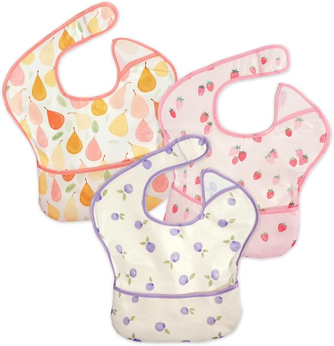 CoolaPeach 3-Pack Waterproof Baby Bibs for Eating - Lightweight Feeding Bibs, Mess Proof, Baby Essential Must Have for Eating