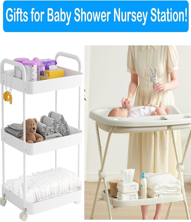 Diaper Caddy Organizer, 3-Tier Movable Diaper Cart with Wheels, Newborn Essentials Must Haves, Diaper Caddy for Wipes & Diapers, Baby Registry Search - Plastic White