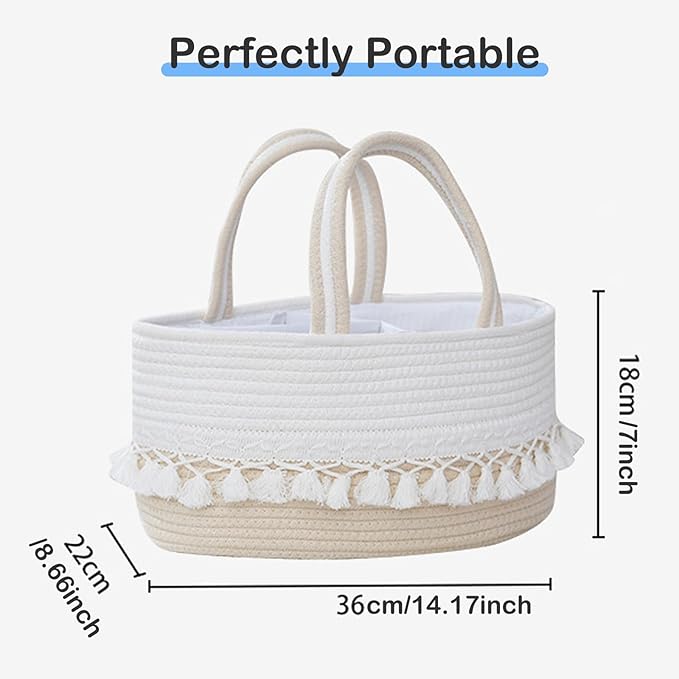 Baby Diaper Caddy Organizer, Rope Tassel Nursery Storage Bin Basket, Portable Holder Tote Bag for Girl Boy, Nursery Storage Bin with Removable Divider, Newborn Holder for Baby Shower & Mums (White)
