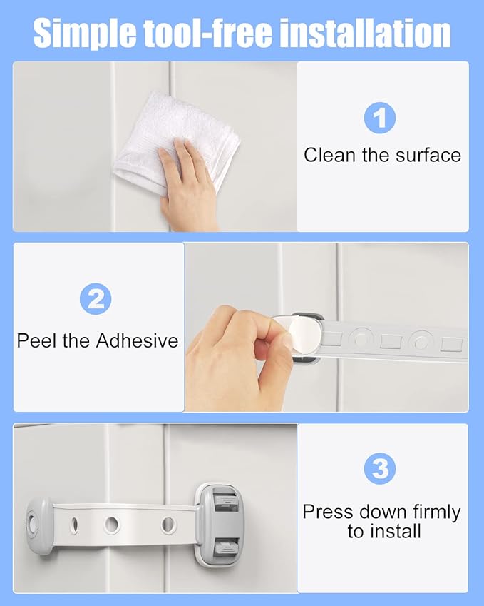 Fridge Locks,Refrigerator Door Lock,Child Proof Safety Cabinet Lock with Strong 3M Adhesives,Fridge Locks for Kids,Adjustable Strap Multi-Purpose for Cabinet,Drawers,Freezer,Oven (2 Count (Pack of 1))