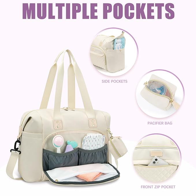 Tuwubi Diaper Bag Tote,Baby Diaper Bag with Pacifier Case Large Travel Diaper Tote Caddy for Mom and Dad Multifunction Large Baby Bag - M-White