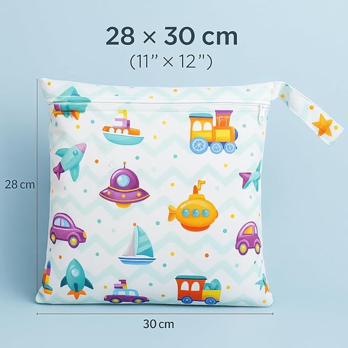 FANALALA Waterproof Wet Dry Bag, Reusable Diaper Pouch with Zipper, Machine Washable Travel Organizer for Beach, Daycare, Kids, Dinosaur Pattern (Purple UFO)