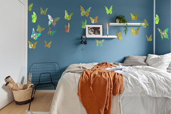 JOSDIOX 3D Laser Gold Butterfly Wall Stickers - 48 Pcs with 4 Styles & 3 Sizes, Removable Decor for Party Birthday Wedding Cake Balloon Decoration (48 Laser Gold)