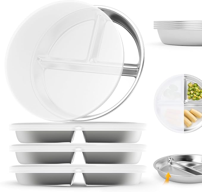 Bakpoco Stainless Steel Kids Plates with Lid 4 Packs, Deepened 9" Portion Control Plate Divided Plate for Adults Bariatric Weight Loss & Diabetic Diet, Non Toxic Unbreakable Toddlers Lunch Dishes