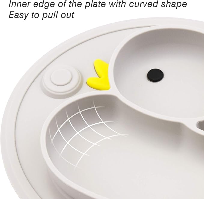 Linowos Baby Divided Plate Silicone- Portable Non Slip Child Feeding Plate with Suction Cup for Children Babies and Kids BPA Free Baby Dinner Plate Microwave Dishwasher Safe … (Duck-Gray)