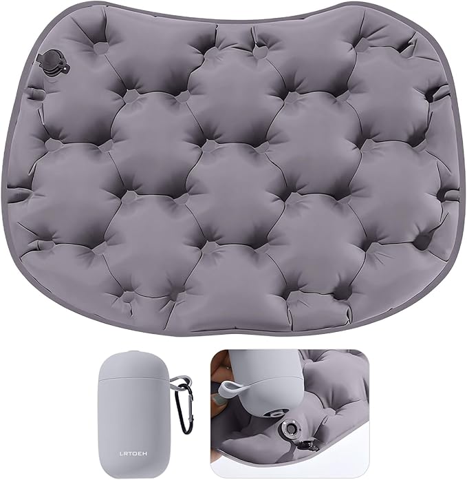 LRTOEH Inflatable Seat Cushion with Air Pump, Airplane Seat Cushion for Long Flights, Lightweight Stadium Seats Pad, Travel Portable Push-Press Air Seats Cushions for Hiking Office Car(Gray)