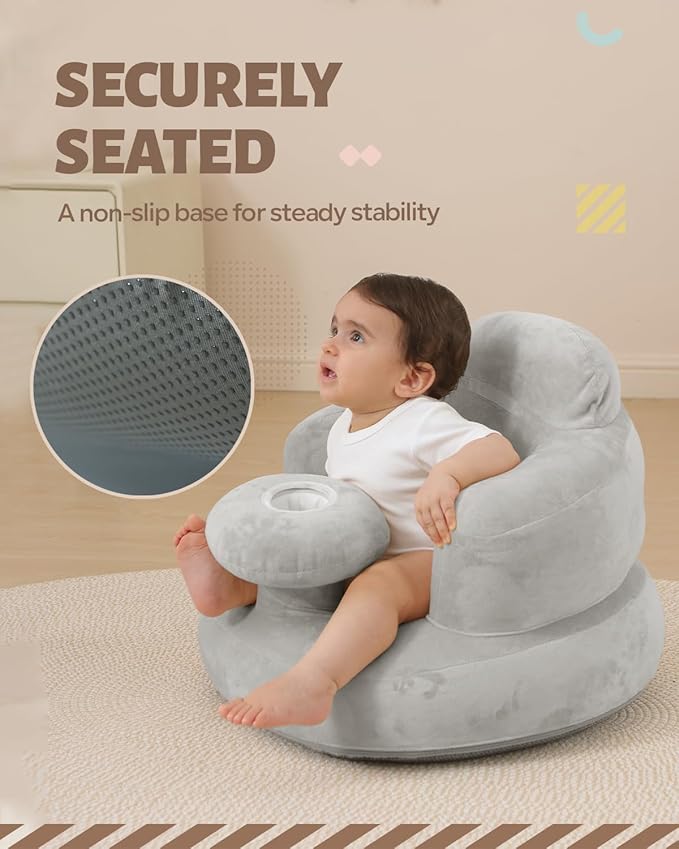 AGITVPS Velvet-Covered Inflatable Baby Seat with Built-in Pump | A Supportive Bumbo Seat for Babies 3-36 Months | Perfect for Learning to Sit, Feeding, Floor Time & Camping (Velvet Tray-Gray)