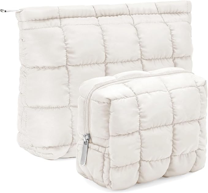 2 Pcs Puffy Makeup Bag Quilted Cosmetic Pouch for Women Cute Checkered Travel Toiletry Bag Puffer Makeup Organizer Purse Pouch Preppy Pencil Case with Zipper(White)
