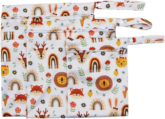 Asenappy 3pcs Cloth Diaper Wet Dry Bags Waterproof Reusable with Two Zippered Pockets Travel Beach Pool Daycare Soiled Baby Items Yoga Gym Bag for Swimsuits or Wet Clothes (rainbow fox)