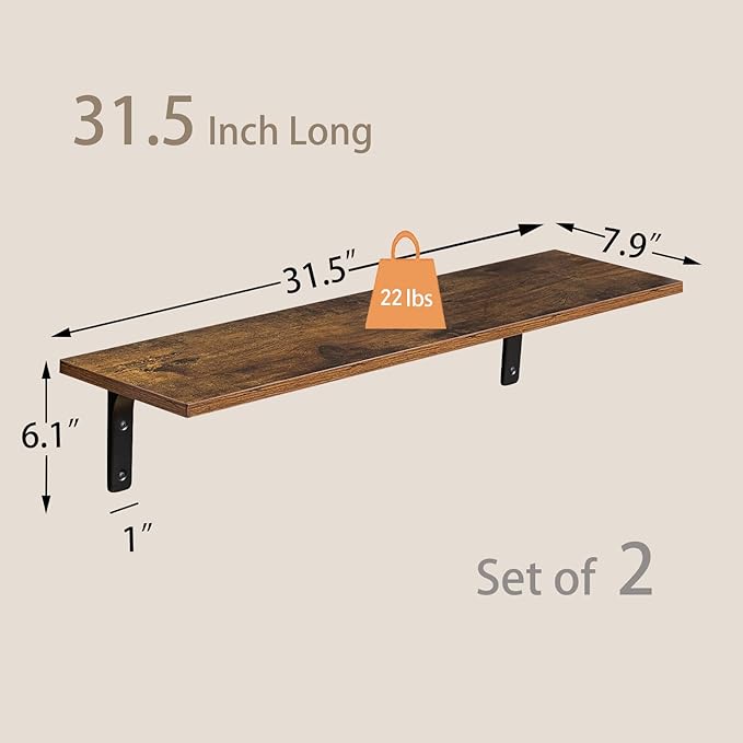 DINZI LVJ Long Wall Shelves, 31.5 Inch Wall Mounted Shelves Set of 2, Easy-to-Install, Wall Storage Ledges with Sturdy Metal Brackets for Living Room, Bathroom, Bedroom, Kitchen, Rustic Brown | Easy-to-Install, Wall Storage Ledges, Living Room, Bathroo...