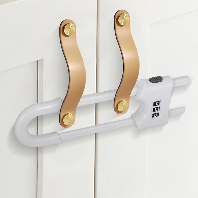 4 Pack Cabinet Locks with Combination U Shaped Sliding Cabinet Door Lock Child Proof Cupboard Locks Baby Proof Adjustable Safety Lock for Closet Code Latches Knob Handle Drawers - White