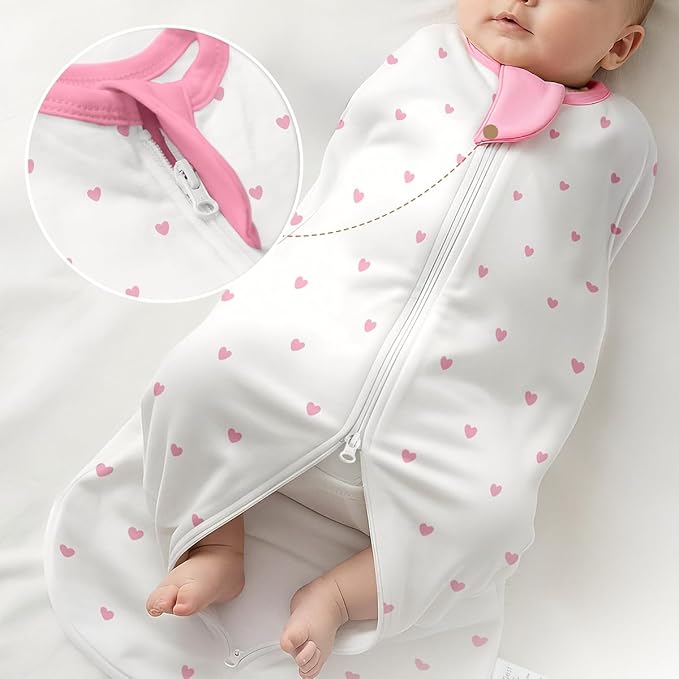 Baby Swaddle 0-2 Months, Cotton Arm-In Zipper Sleep Sack, Wearable Blankets Wrap for Newborn Infant Girls (Strawberry, Heart, Pack of 2)