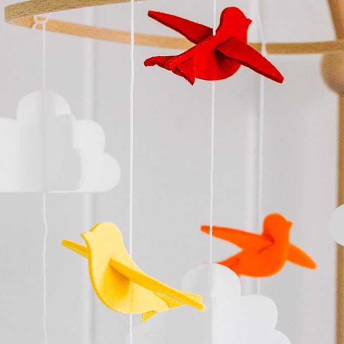 Baby Crib Mobile – Wooden Hanging Nursery Baby Mobile for Crib, Nursery Decor for Boys & Girls, Perfect Shower Gift (Rainbow Birds in The Clouds, w/Garland) Also Fits Bassinets, Sorrel + Fern