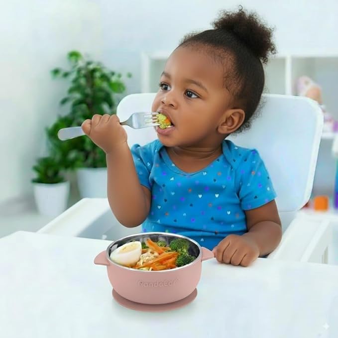 PandaEar 3 Pack Stainless Steel Baby Suction Bowls, Non-Slip Child Food Bowl with Silicone Sleeve for Kids Toddlers Infants, Unbreakable & Mess Free (Pink, With Lids)