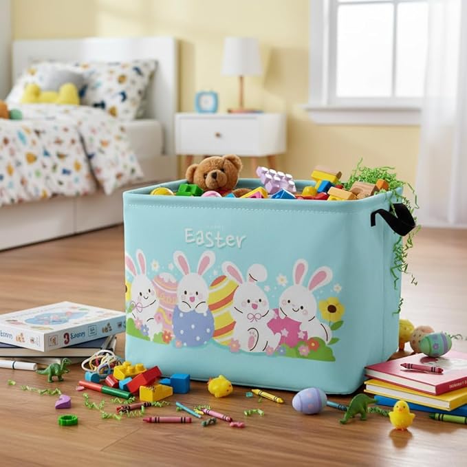 TIBAOLOVER Rectangular Easter Basket Easter Basket for Kids Baby Storage Basket Cute Toy Storage Bin Organizer Shelf Book Basket Easter Room Decor(Cartoon Easter Basket)