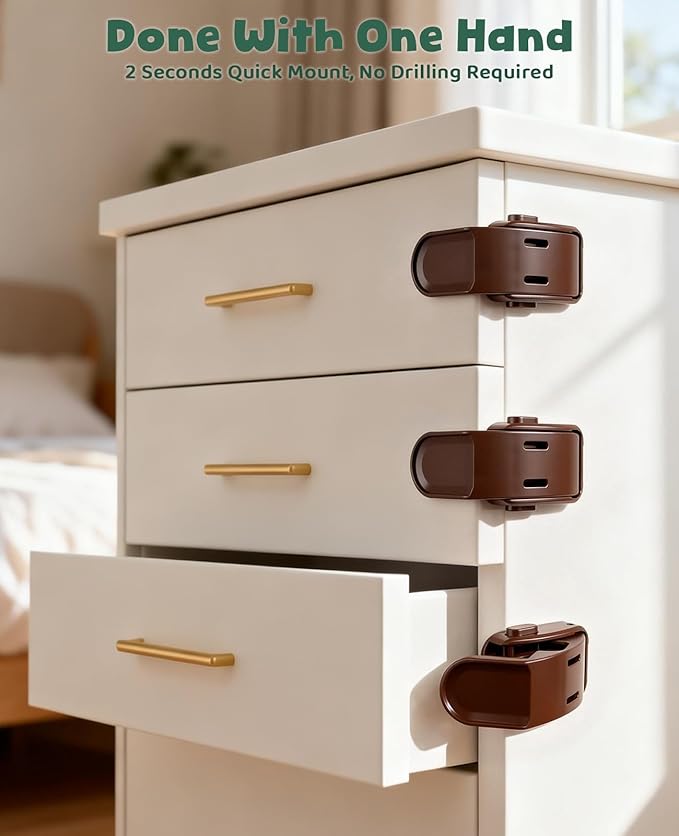 Rcotee 6-Pack Baby Proof Corners Edges Drawer Lock, Childproof Safety Locks Toddler Proofing Cabinet Latch Clips for Pull Out Drawers Side, Easy Install and No Need for Drilling (Brown)