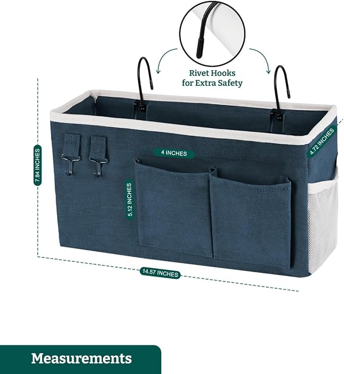 Bedside Caddy Organizer Hanging Storage Bag with Pockets for Books, Magazines, Phone, Tablet & Water Bottle – Bedside Storage for Dorm, Bunk Beds, Hospital Beds & Cribs,Blue