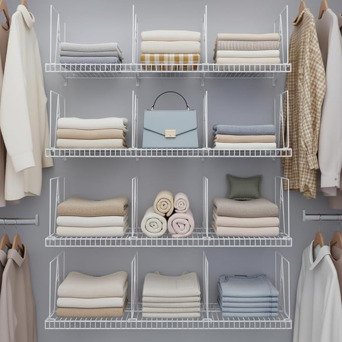 Wire Shelf Dividers - White Closet Organization & Storage Organizer - No Tool Shelf Divider for Wire Shelves - Metal Shelf Accessories – for 12“ Deep Wire Shelves – Tall 12” Height – 12 Pack