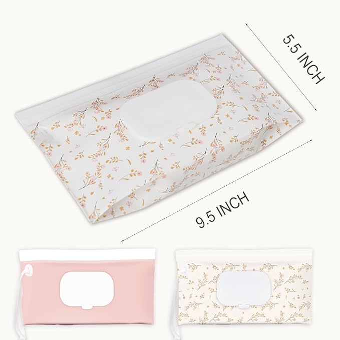 Wipe Dispenser and Wipes Container, 2 Pack Reusable Wipes Holder and Travel Wipes Case, Refillable Pouch for Baby Essentials, Pink & Leaf Design (pink)
