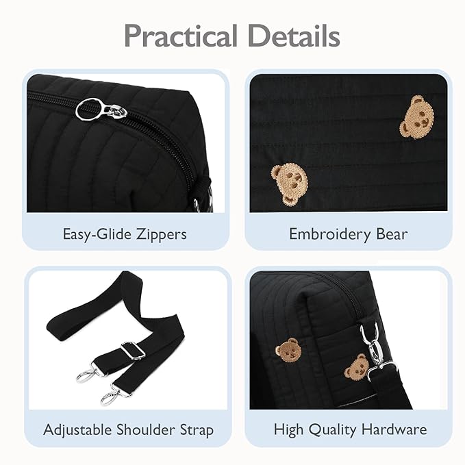 Diaper Bag Tote with Insulated Pockets and Stroller Hooks for Travel (Black-gold, Large)