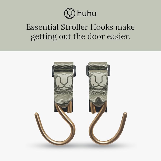 Huhu Essential Stroller Hooks - Lightweight Aluminum Stroller Bag Hook with Adjustable Straps, Matte Gold S-Hooks for Diaper Bag, Shopping, Everyday Essentials – Universal Fit Baby Stroller Accessory