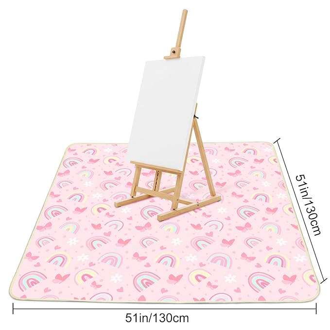 Basumee Splat Mat High Chair Mat Waterproof Baby Play Splat Mat for Under High Chair Food Catcher Highchair Mat for Floor Non Slip Bottom, Pink Rainbow, 51x51 Inches