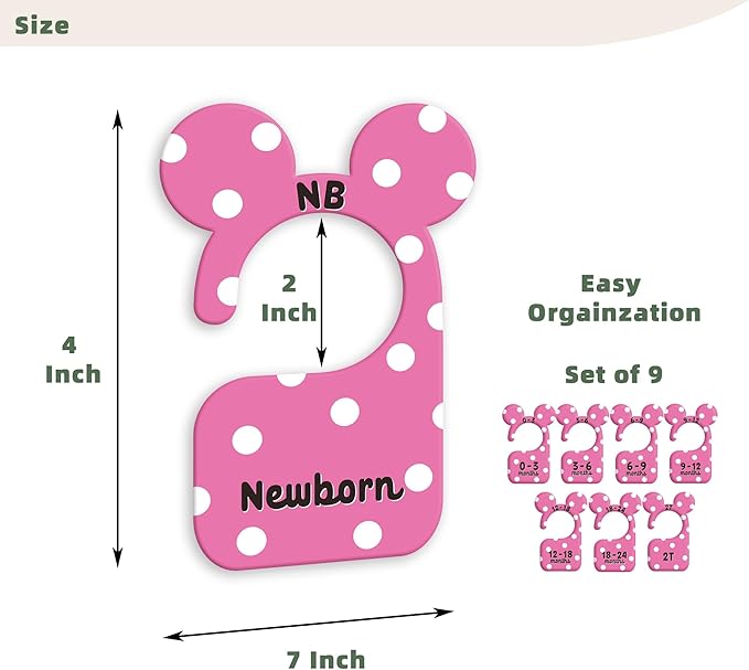 JMOST Girl Baby Closet Dividers for Nursery Closet Organizer, Newborn to 24 Months Size Clothes, Cute Pink Hangers with Size Dividers, Double Sided